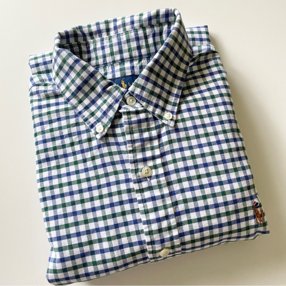 Ralph Lauren Men’s Plaid Long Sleeve Button Up Shirt M Medium White Navy Green